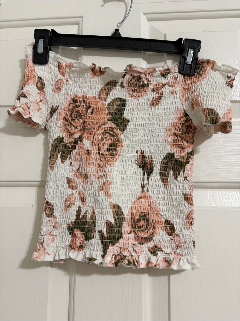 Smocked Off-Shoulder Floral Crop Top in Blush Pink